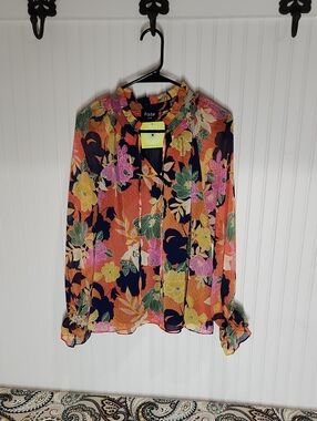Fate Floral Tie-Neck Blouse in Orange, Navy, Pink & Yellow